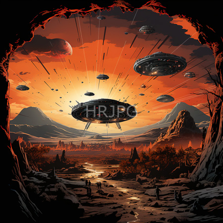 High Resolution: Alien landscape at sunset viewed from a jagged cave opening with a red-orange sky and floating saucer-shaped spacecraft download. | HRJPG.com