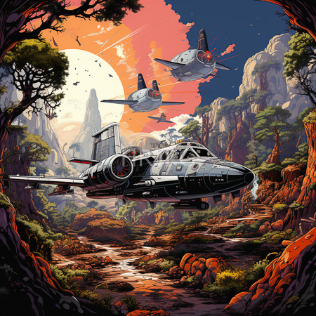 High Resolution: Atmospheric sci-fi landscape with three vintage-style jet aircraft flying over rocky terrain and greenery under a vibrant sunset download. | HRJPG.com