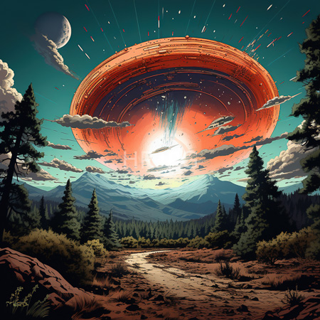 High Resolution: Otherworldly landscape with towering red rings in space emitting bright light against a teal sky and snow-capped mountains download. | HRJPG.com