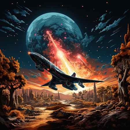 High Resolution: Aircraft soaring towards a large glowing planet with fiery red and orange streaks in its atmosphere against a starry night sky download. | HRJPG.com