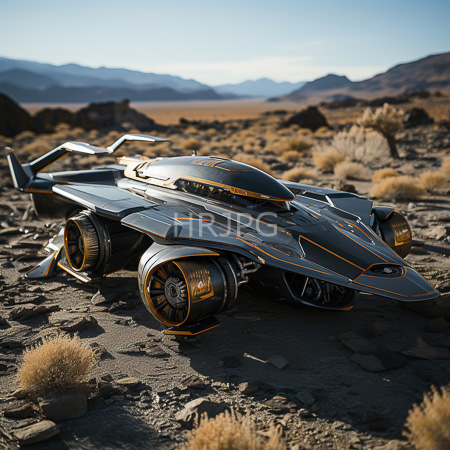 High Resolution: Advanced futuristic silver and black flying car with sleek aerodynamic design parked in arid desert landscape under clear blue sky download. | HRJPG.com
