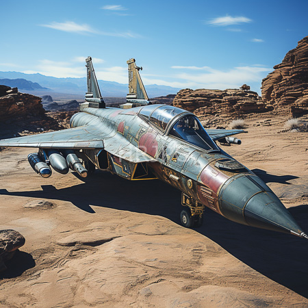 High Resolution: Aged weathered F-14 Tomcat fighter jet with rust and paint chipping parked in a desert landscape with red rock formations download. | HRJPG.com