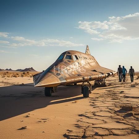 High Resolution: Aged metallic silver jet with rounded nose and windows parked in desert sand under blue sky with three men walking towards it download. | HRJPG.com
