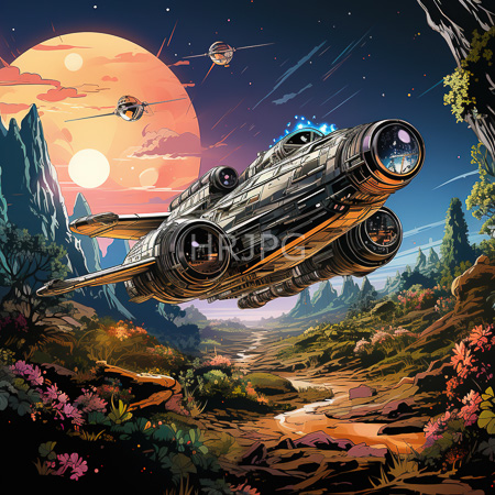 High Resolution: X-wing starfighter flying through a vibrant mountainous landscape at sunset with two moons in the sky and lush greenery download. | HRJPG.com