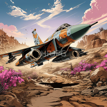 High Resolution: Orange and green weathered military jet soaring above rocky desert terrain with pink flowering bushes under a blue sky download. | HRJPG.com