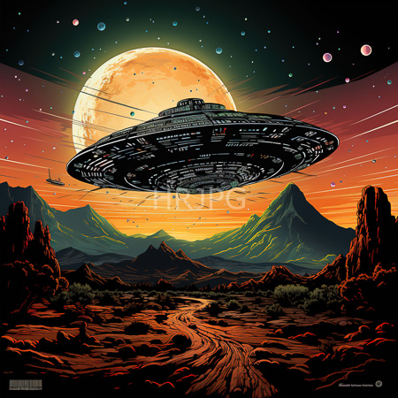 High Resolution: Alien spacecraft hovering above rugged rocky desert terrain with a large orange sun dominating the sky filled with stars download. | HRJPG.com