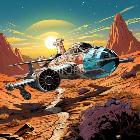 High Resolution: Aged rusted X-wing starfighter flying over a desert landscape at sunset with jagged red rock formations and sparse vegetation download. | HRJPG.com