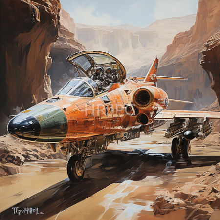 High Resolution: Orange dual-engine jet with open cockpit and visible pilots in rugged canyon landscape against towering cliffs download. | HRJPG.com