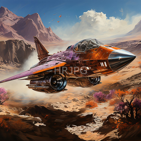 High Resolution: Orange and purple futuristic jet fighter with glass cockpit flying over a rugged desert landscape with rocky mountains download. | HRJPG.com