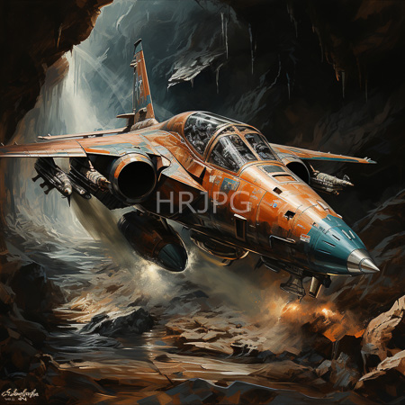 High Resolution: Orange and teal weathered jet fighter flying through a dark cave filled with waterfalls with dramatic lighting download. | HRJPG.com