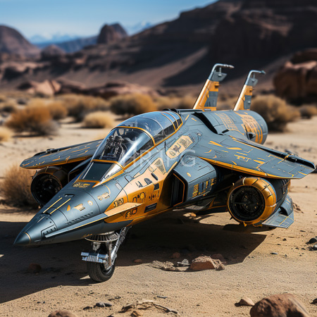 High Resolution: Intricately detailed weathered model jet fighter with blue and yellow camouflage markings parked in a desert landscape download. | HRJPG.com