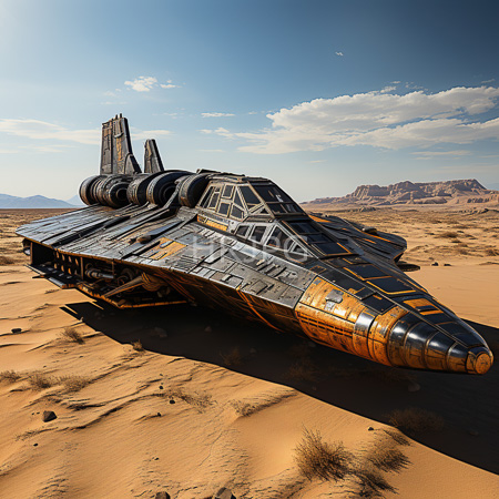 High Resolution: Aged triangular-shaped spaceship with dark metallic and orange-brown panels resting in sandy desert terrain download. | HRJPG.com