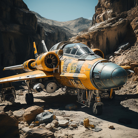 High Resolution: Intricately detailed vintage-style yellow and silver jet aircraft with dual engines parked in rocky canyon terrain download. | HRJPG.com