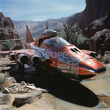 High Resolution: Orange and black futuristic jet-like spacecraft with four large engines parked in rocky desert canyon terrain download. | HRJPG.com