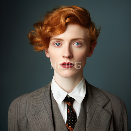 High Resolution: Pale-skinned red-haired woman with curled hair wears a vintage-style gray pinstripe suit and white shirt with orange tie download. | HRJPG.com