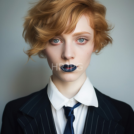 High Resolution: Portrait of an androgynous person with short wavy red hair blue eyes wearing a white shirt and black pinstripe suit download. | HRJPG.com