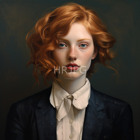 High Resolution: Ethereal young woman with wavy red hair and fair skin wears a white collared shirt under a navy blue jacket download. | HRJPG.com
