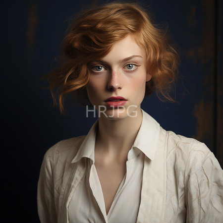 High Resolution: Pale-skinned red-haired woman with wavy hair and blue eyes wears an unbuttoned white shirt against a dark background download. | HRJPG.com