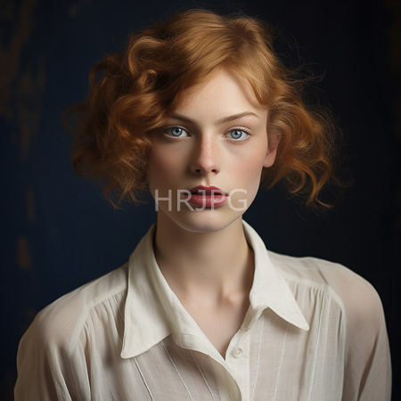 High Resolution: Fair-skinned red-haired woman with curly hair and blue eyes wears an off-white button-up shirt against a dark background download. | HRJPG.com