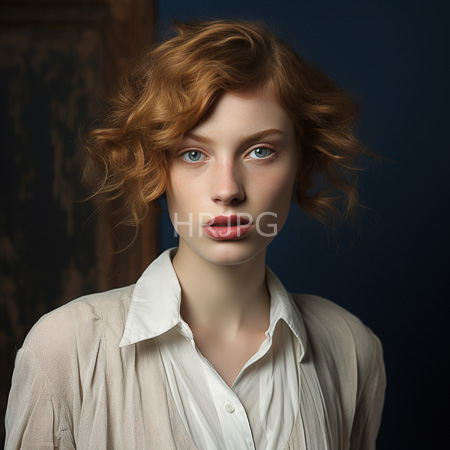 High Resolution: Fair-skinned red-haired woman with wavy hair and blue eyes wears an off-white button-up shirt against a dark navy background download. | HRJPG.com