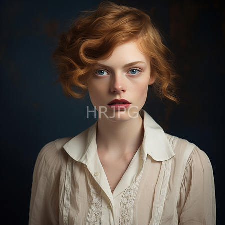 High Resolution: Pale-skinned red-haired woman with wavy hair and blue eyes wears a white collared blouse over a lace-trimmed shirtfront download. | HRJPG.com