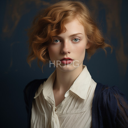 High Resolution: Fair-skinned red-haired woman with wavy hair and blue eyes wears an off-white collared shirt under sheer navy fabric download. | HRJPG.com
