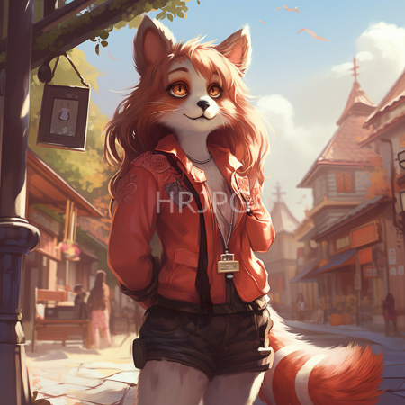 High Resolution: Anthropomorphic red panda with long wavy brown hair stands on a sunlit street in a quaint village wearing a pink leather jacket download. | HRJPG.com
