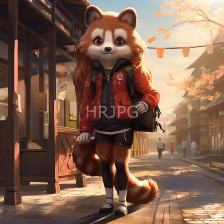 High Resolution: Anthropomorphic red panda with fluffy fur walks down a sunlit street in autumn attire carrying a backpack against wooden buildings download. | HRJPG.com