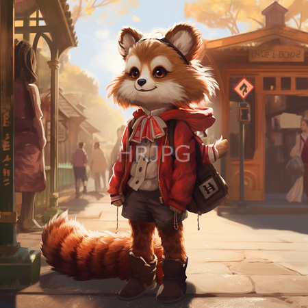 High Resolution: Anthropomorphic red panda stands on a sunlit street wearing a bright-red hoodie and black shorts with a backpack and bowtie download. | HRJPG.com
