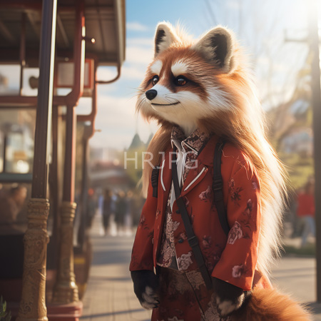 High Resolution: Anthropomorphic red fox with lush flowing fur wears traditional Japanese attire standing beside wooden pillars download. | HRJPG.com