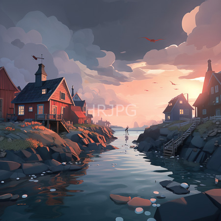 High Resolution: Serene coastal village at sunset featuring red wooden houses on rocky shores with calm water reflecting the pink and orange sky download. | HRJPG.com