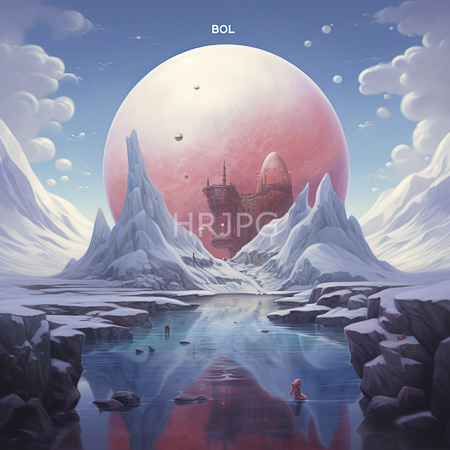 High Resolution: Icy mountainous landscape with reflective waterways leading to a pink-hued planet and ancient castle-like structures download. | HRJPG.com