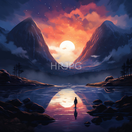 High Resolution: Ethereal sunset over a mirrored lake with silhouetted mountains and starry sky in vibrant purples oranges and blues download. | HRJPG.com
