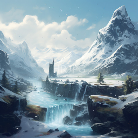 High Resolution: Ethereal snowy mountain landscape featuring cascading waterfalls and rocky terrain leading to a medieval-style castle download. | HRJPG.com