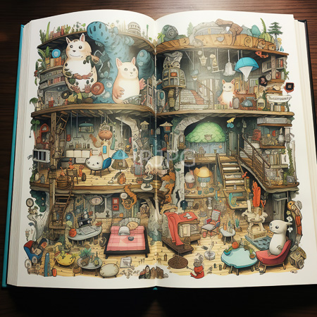 High Resolution: Intricate colorful illustration of a two-story house interior filled with whimsical details and anthropomorphic animals cooking and reading download. | HRJPG.com