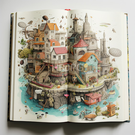 High Resolution: Intricate whimsical illustration of a fantastical floating village on turquoise waters within open book pages download. | HRJPG.com