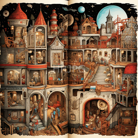 High Resolution: Intricate detailed illustration of whimsical multi-story buildings under a starry night sky with a full moon and planets download. | HRJPG.com