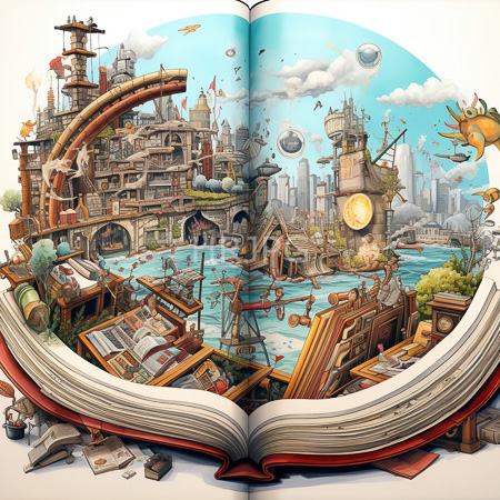 High Resolution: Intricate illustration of a fantasy cityscape inside open book pages with detailed steampunk architecture and flying birds download. | HRJPG.com