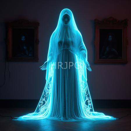 High Resolution: Ethereal glowing blue ghost-like figure standing in dim lighting with two dark portraits on ornate frames behind her download. | HRJPG.com