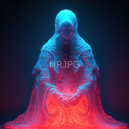 High Resolution: Ethereal translucent figure with intricate swirling blue and red patterns sitting cross-legged against a dark background download. | HRJPG.com