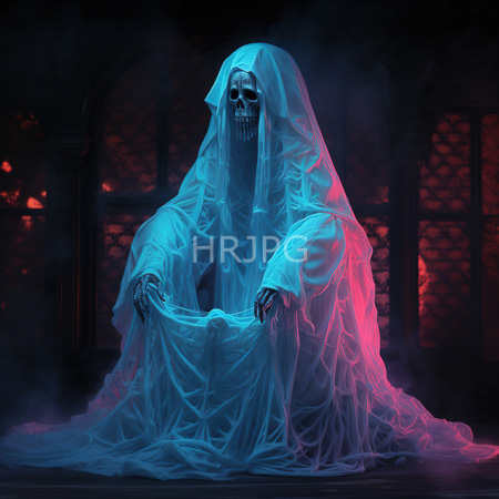 High Resolution: Eerie skeletal figure draped in translucent blue fabric sits on dark stone steps against glowing red windows at night download. | HRJPG.com