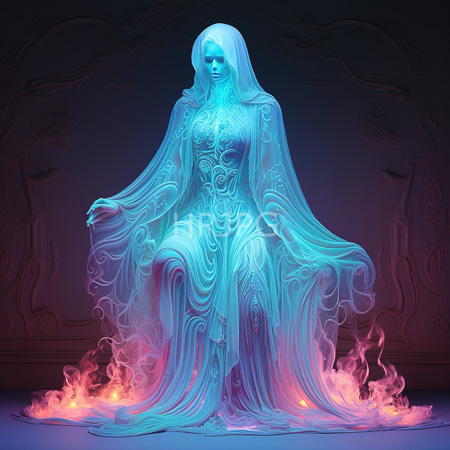 High Resolution: Ethereal translucent blue and purple female figure with flowing robes that resemble water or smoke sits against a dark background download. | HRJPG.com