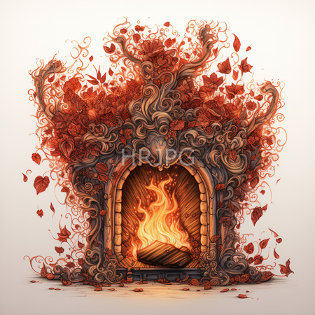 High Resolution: Ornate fiery fireplace with swirling flames and intricate dark wood carvings surrounded by red leaves and vines download. | HRJPG.com