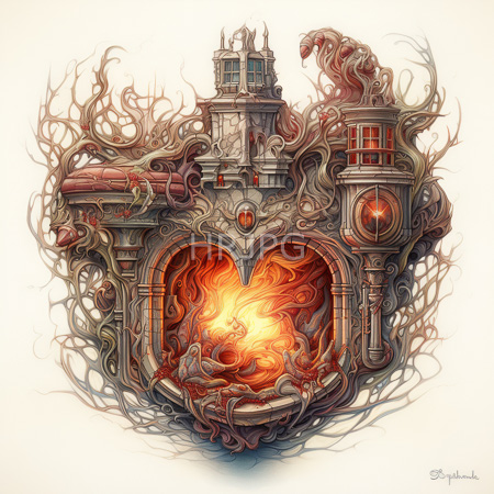 High Resolution: Intricate steampunk-style heart with mechanical towers and pipes enveloped in swirling smoke with a central fiery glow download. | HRJPG.com