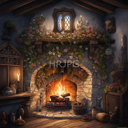High Resolution: Enchanting rustic cottage interior featuring a warm fireplace with glowing flames and brick archway adorned by pink flowers download. | HRJPG.com