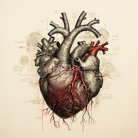 High Resolution: Intricate detailed anatomical drawing of a human heart with scientific annotations and sketches on a beige paper background download. | HRJPG.com