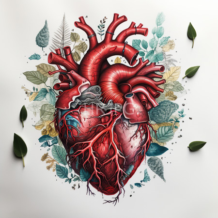High Resolution: Detailed illustration of an anatomically accurate human heart with vibrant red arteries and veins surrounded by green leaves download. | HRJPG.com