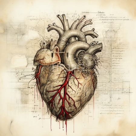 High Resolution: Intricate detailed drawing of a human heart with realistic textures set against aged parchment paper with architectural blueprints download. | HRJPG.com