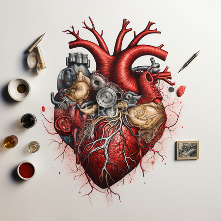 High Resolution: Intricately detailed mechanical human heart with red arteries and veins against a white background surrounded by scattered art supplies download. | HRJPG.com