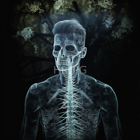 High Resolution: Ethereal translucent human skeleton with visible rib and spine structures against a dark forest background with misty smoke download. | HRJPG.com